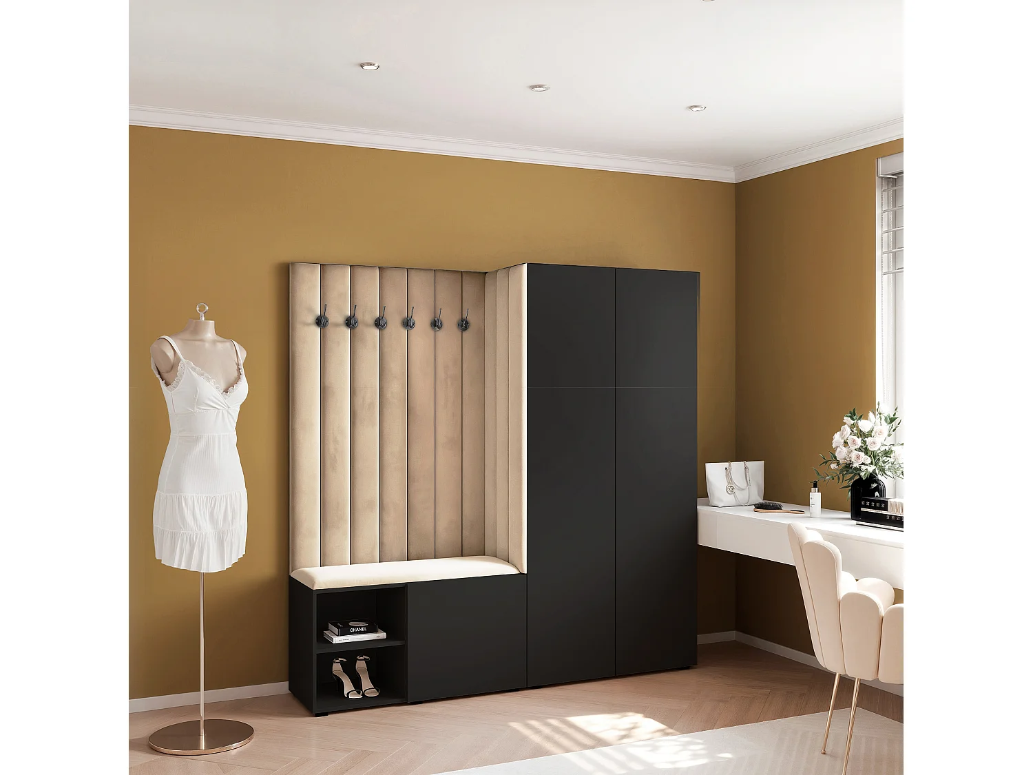 Garderobe Aria 190 cm Schwarz Gepolstert Beige Soft-Close Push-to-Open