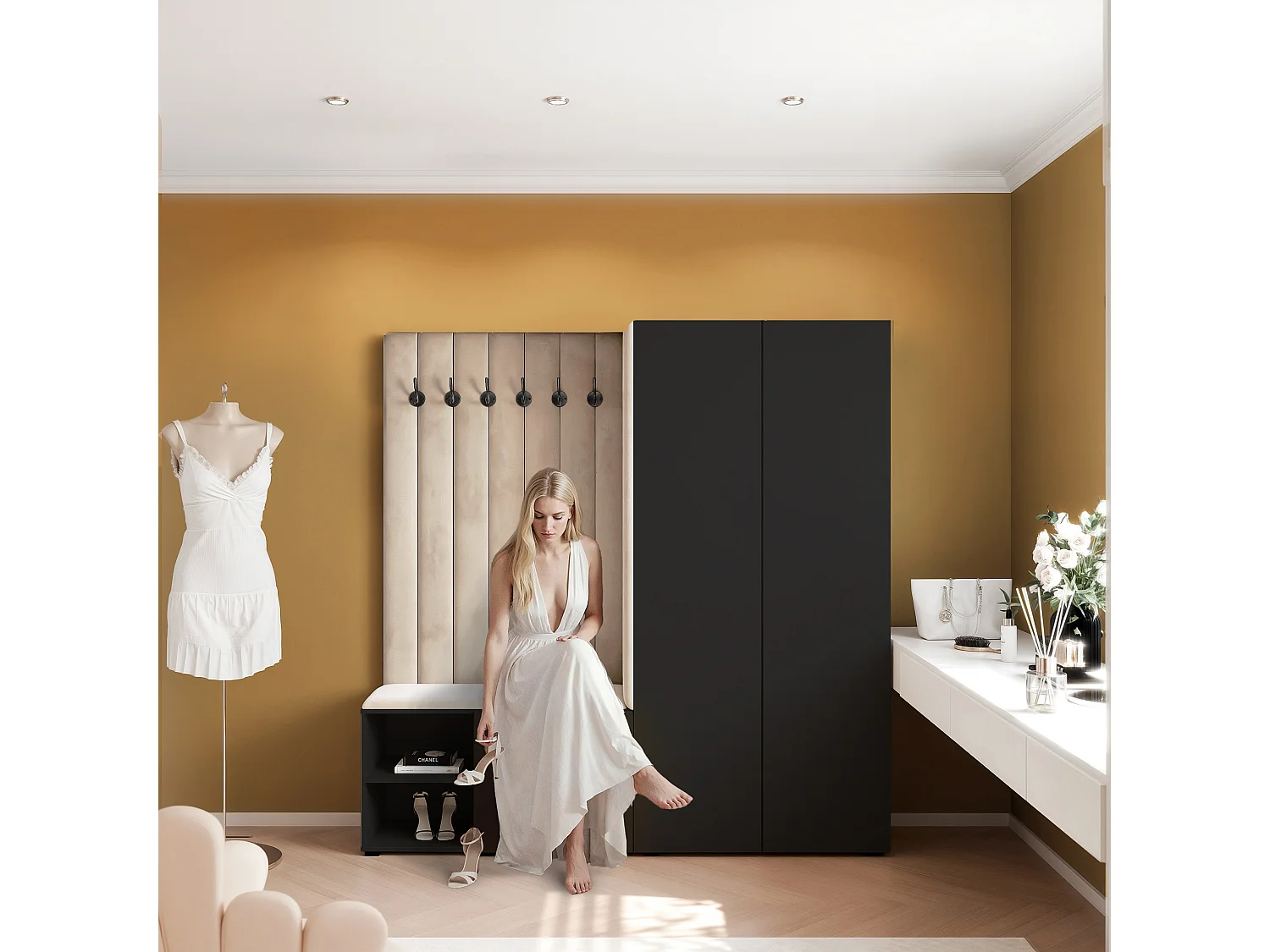 Garderobe Aria 190 cm Schwarz Gepolstert Beige Soft-Close Push-to-Open
