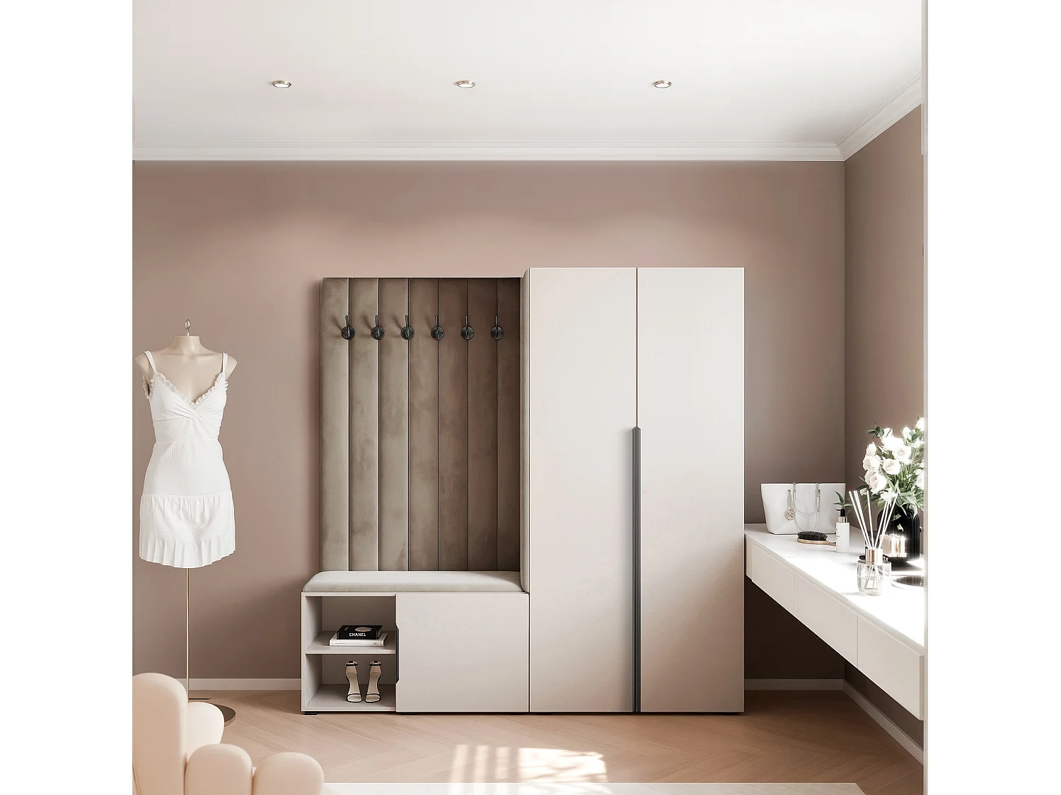 Garderobe Aria 190 cm Kaschmir Gepolstert Taupe Soft-Close Griffe Schwarz