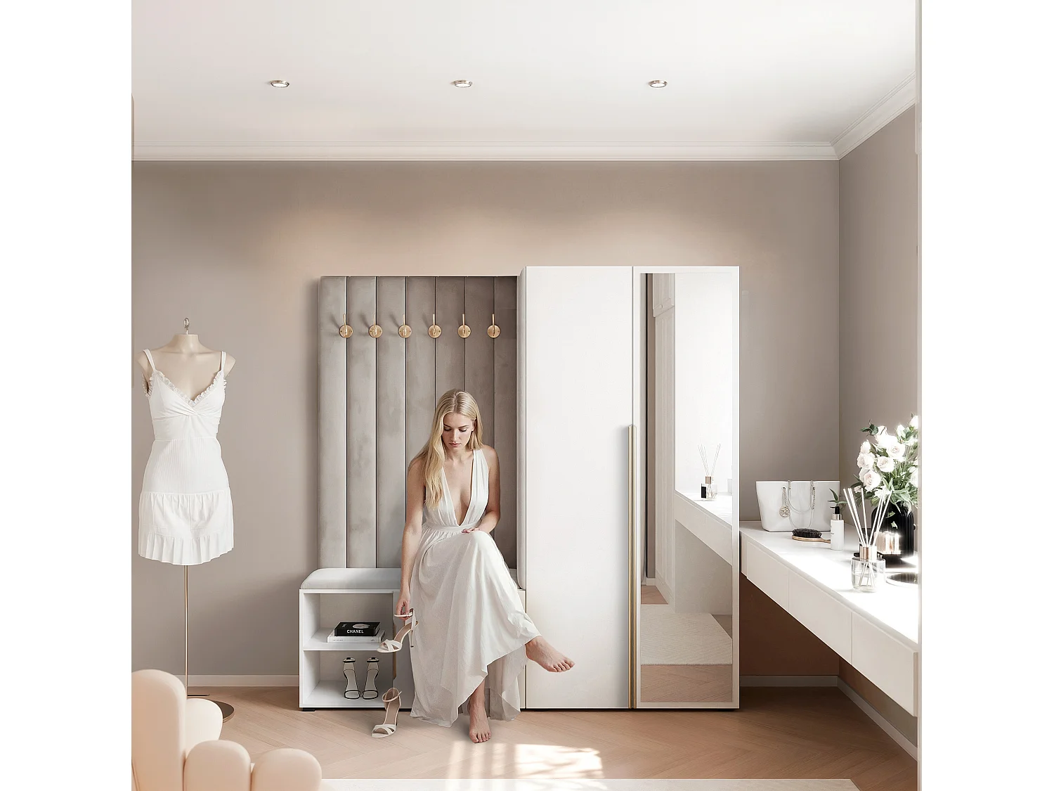 Vestiaire Aria 190 cm Blanc Rembourré Gris Clair Soft-Close Poignées Doré