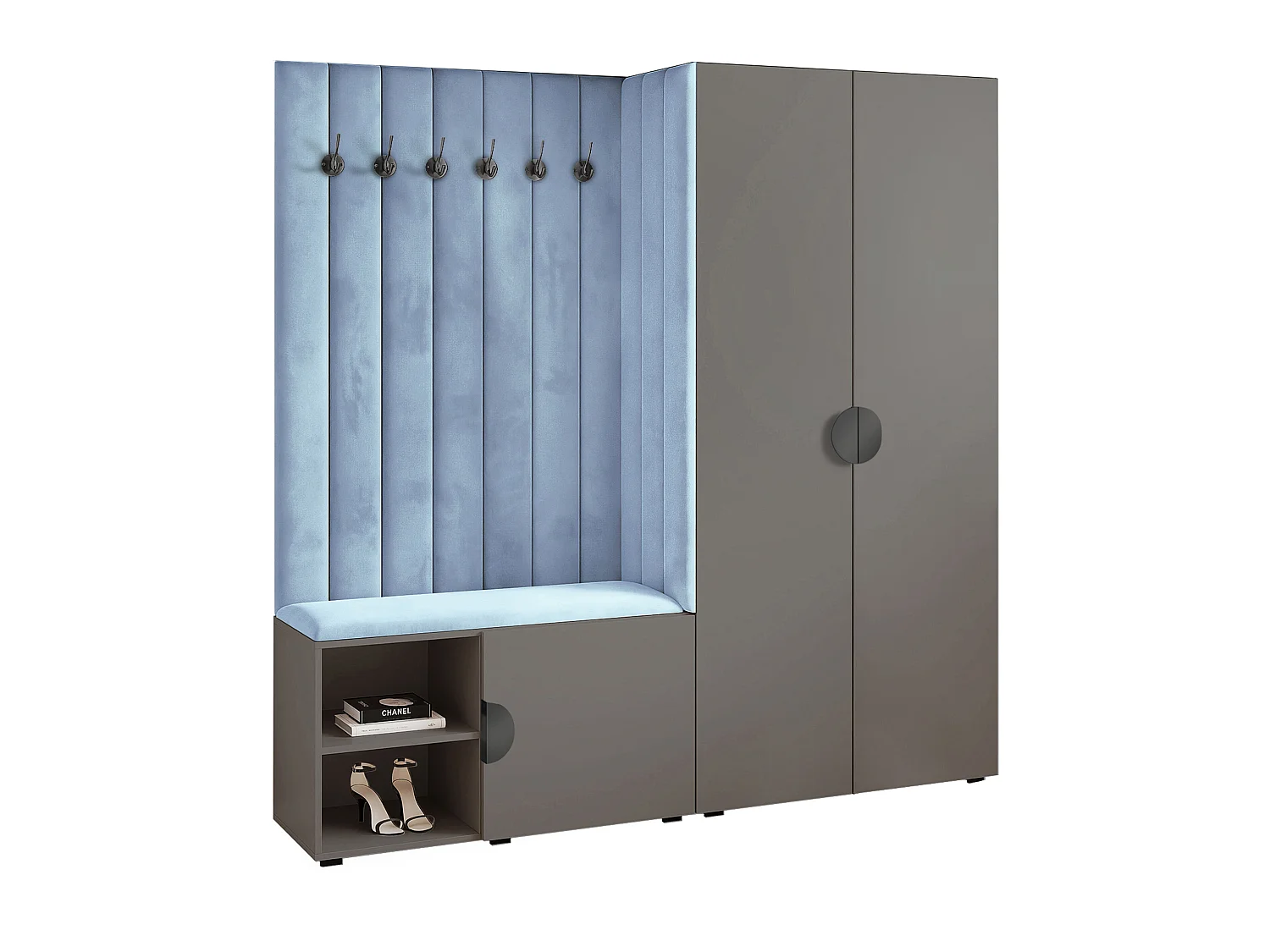 Garderobe Aria 190 cm Grau Gepolstert Hellblau Soft-Close Griffe Schwarz