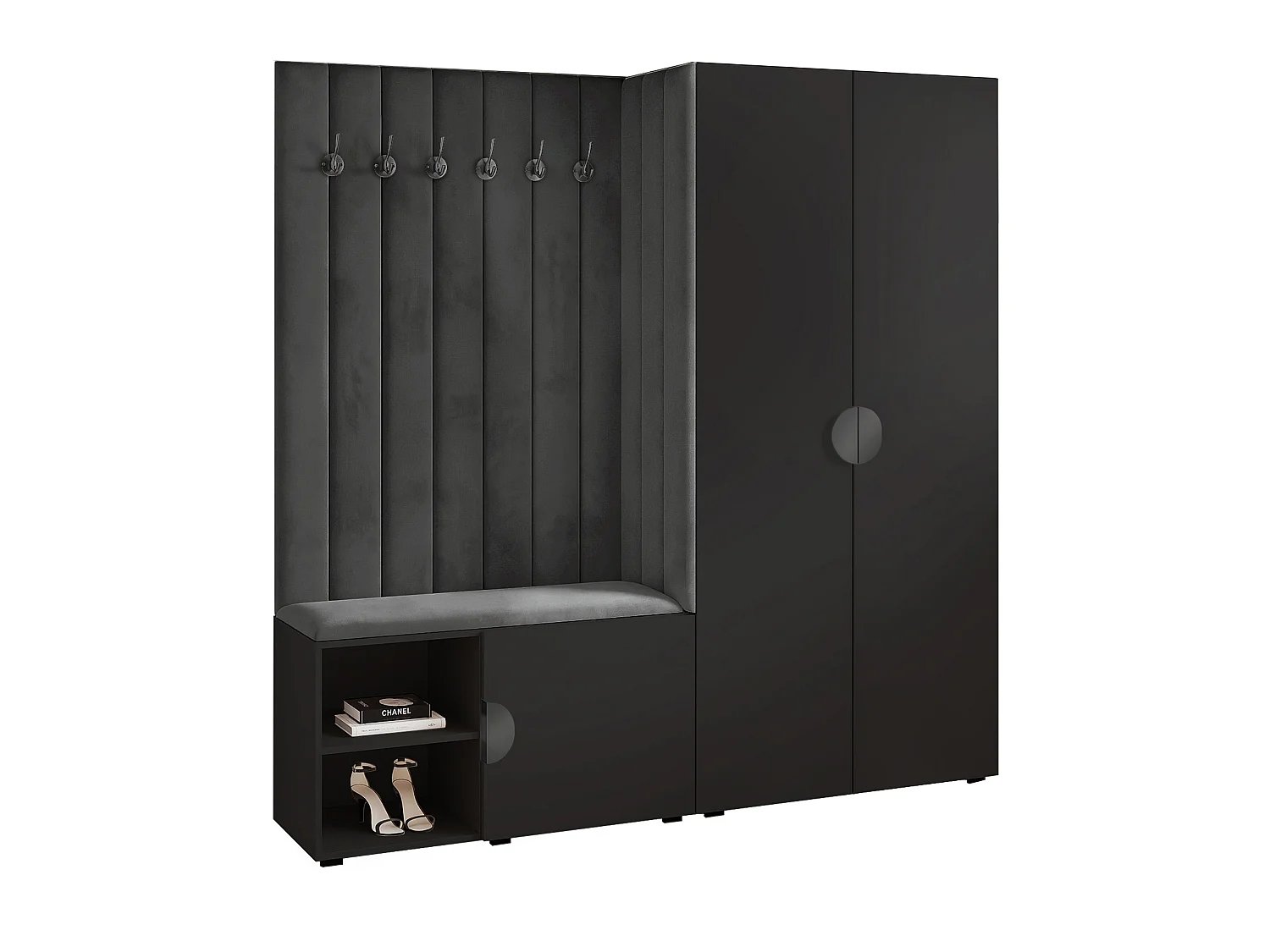 Garderobe Aria 190 cm Schwarz Gepolstert Graphit Soft-Close Griffe Schwarz