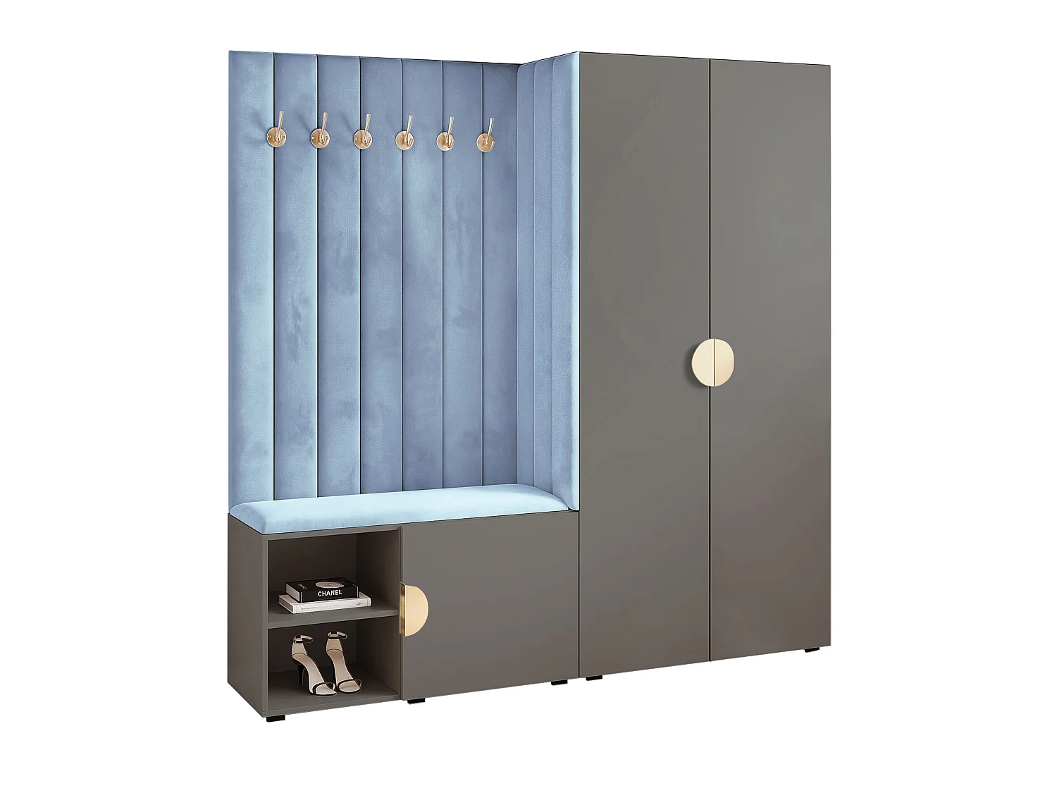 Garderobe Aria 190 cm Grau Gepolstert Hellblau Soft-Close Griffe Gold
