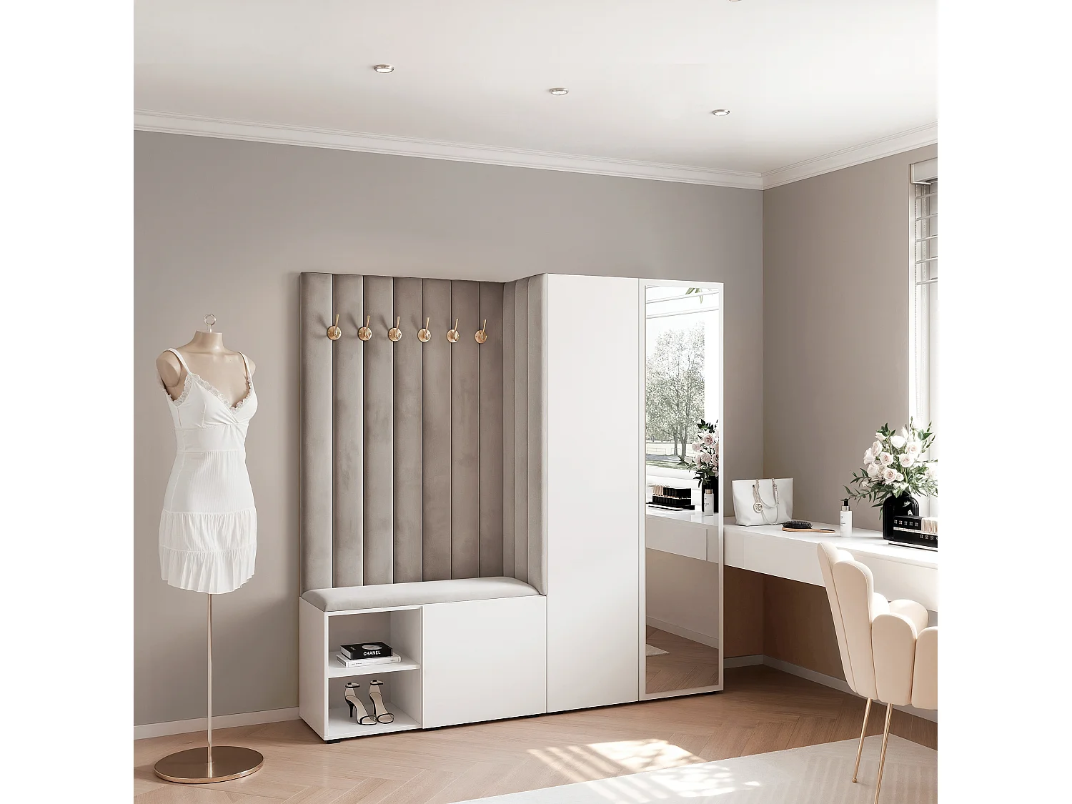 Vestiaire Aria 190 cm Blanc Rembourré Gris Clair Soft-Close Push-to-Open