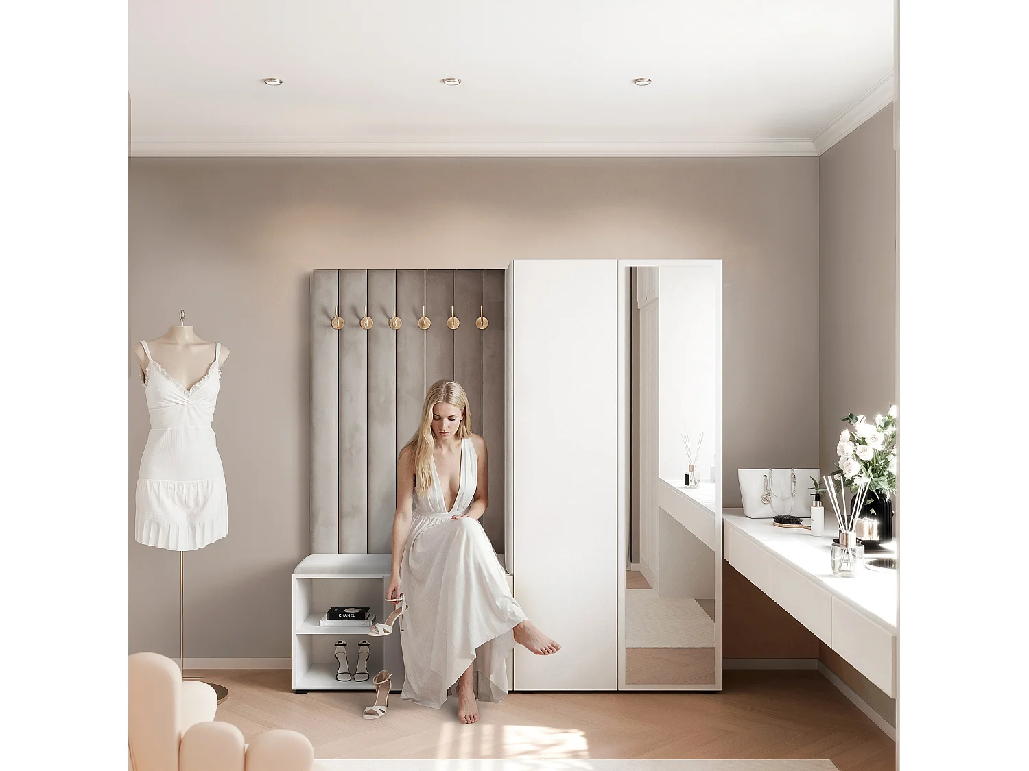 Vestiaire Aria 190 cm Blanc Rembourré Gris Clair Soft-Close Push-to-Open