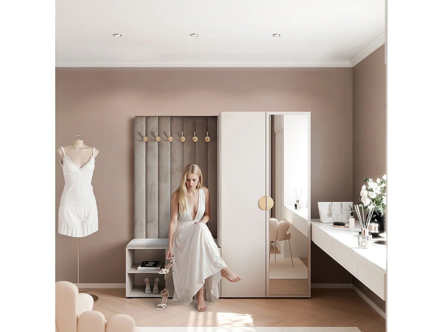 Vestiaire Aria 190 cm Cachemire Rembourré Gris Souris Soft-Close Poignées Doré