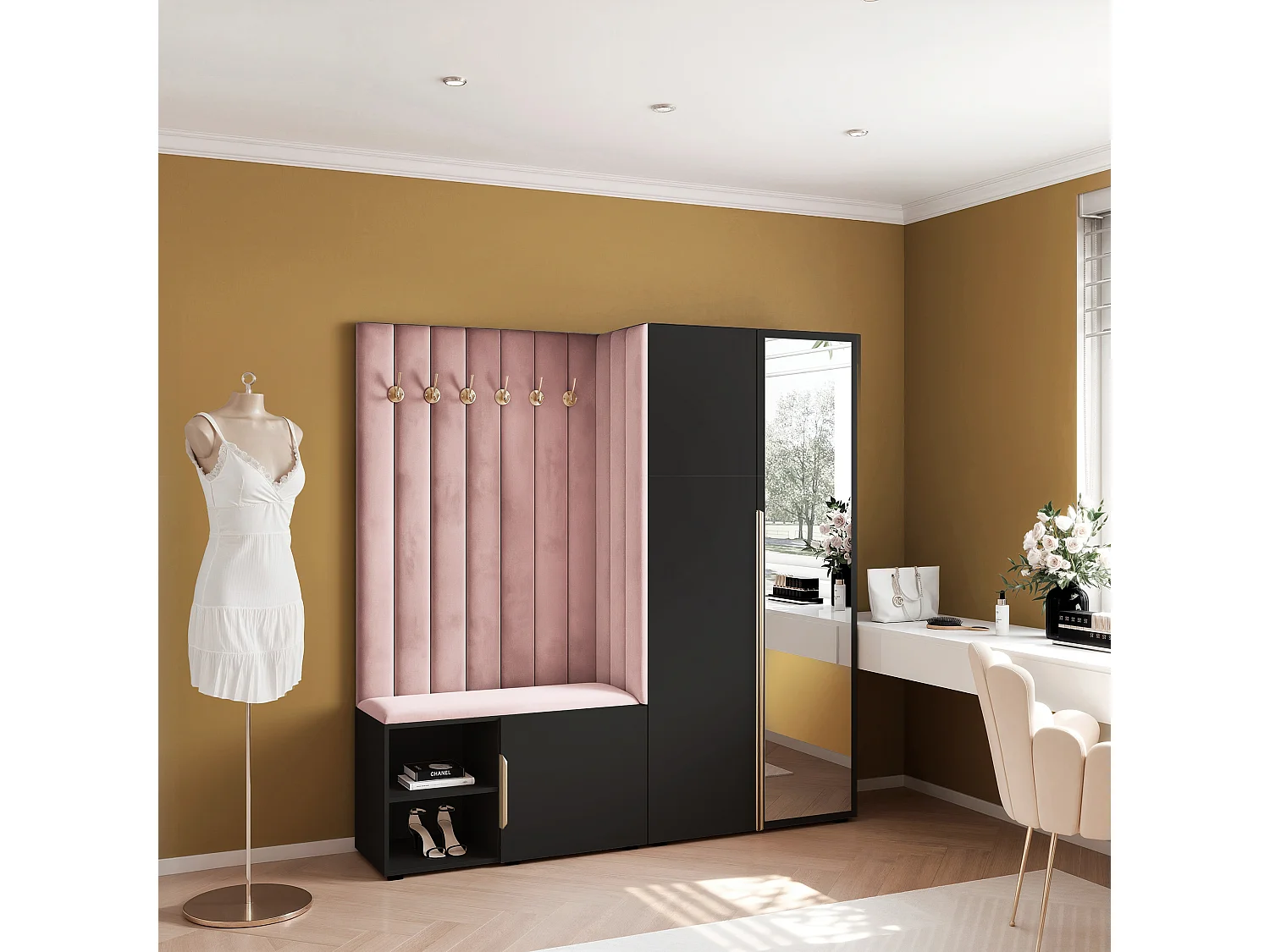 Garderobe Aria 190 cm Schwarz Gepolstert Rosa Soft-Close Griffe Gold