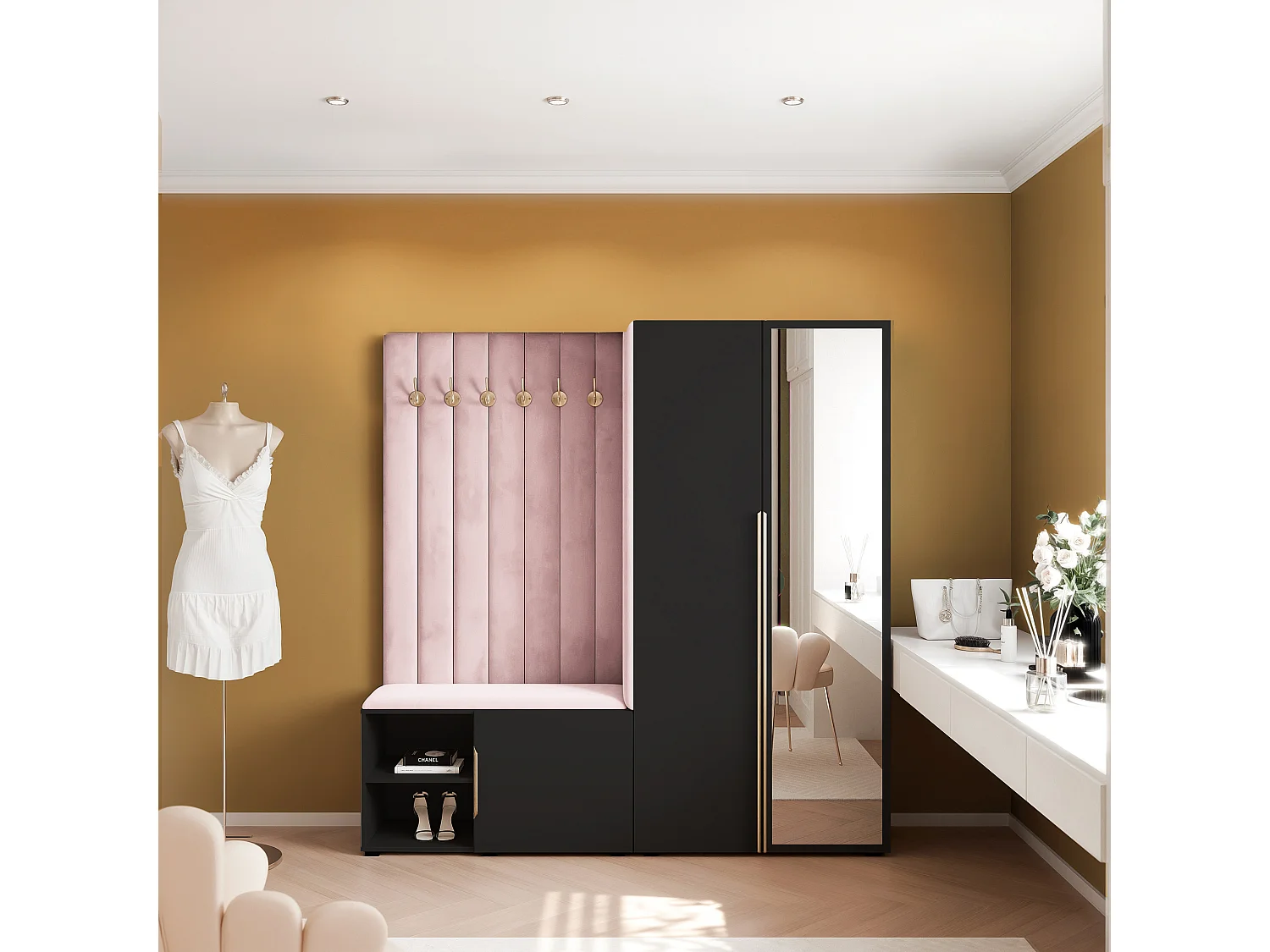 Garderobe Aria 190 cm Schwarz Gepolstert Rosa Soft-Close Griffe Gold