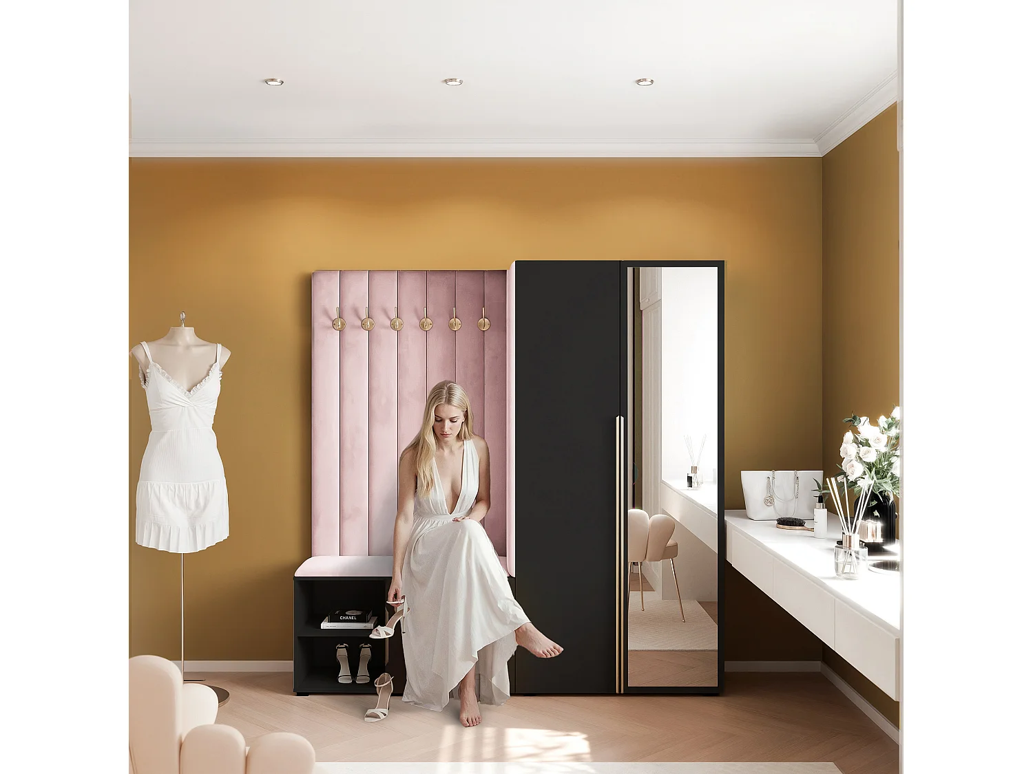 Garderobe Aria 190 cm Schwarz Gepolstert Rosa Soft-Close Griffe Gold