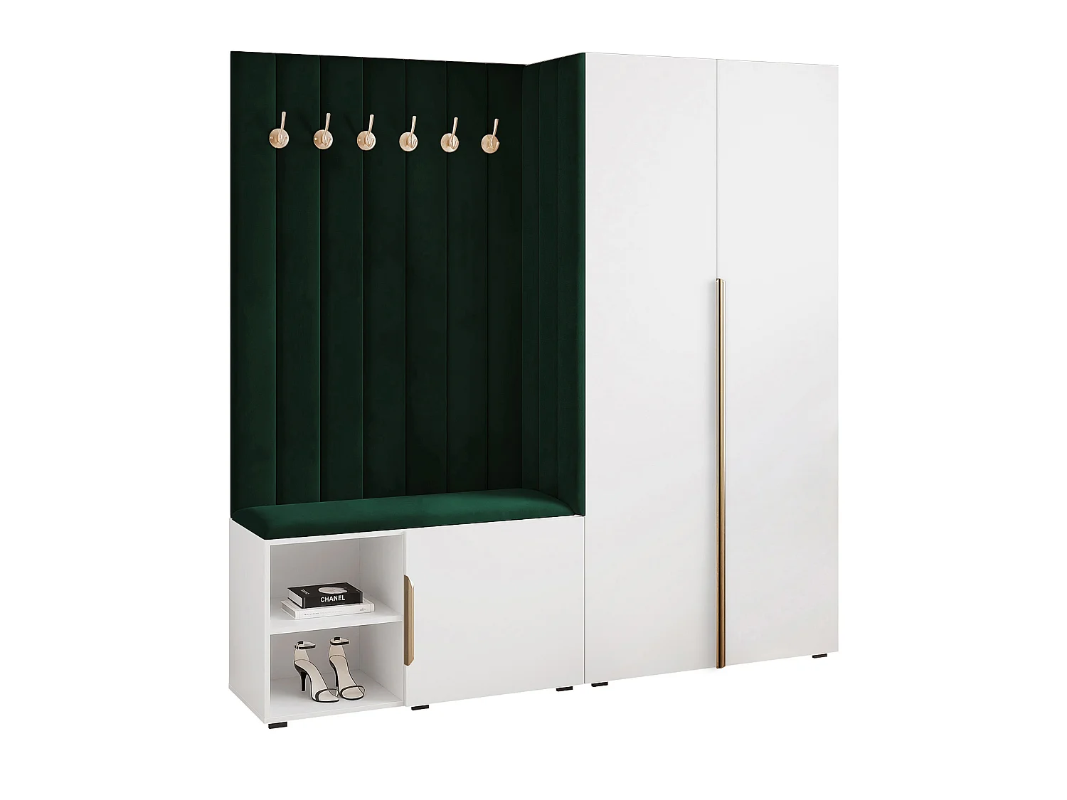 Vestiaire Aria 190 cm Blanc Rembourré Vert Foncé Soft-Close Poignées Doré