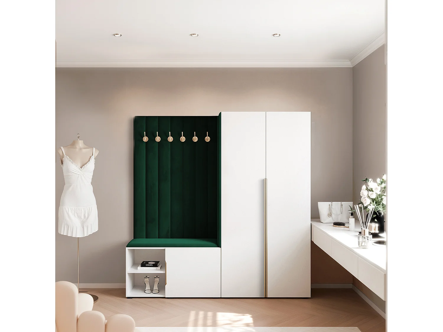 Vestiaire Aria 190 cm Blanc Rembourré Vert Foncé Soft-Close Poignées Doré