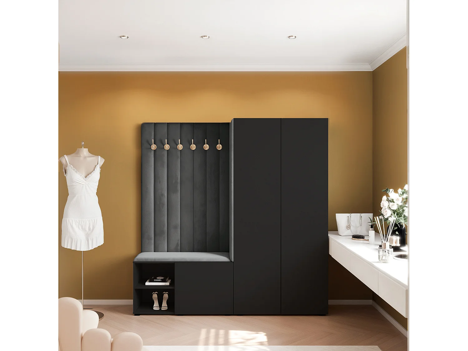 Vestiaire Aria 190 cm Noir Rembourré Graphite Soft-Close Push-to-Open