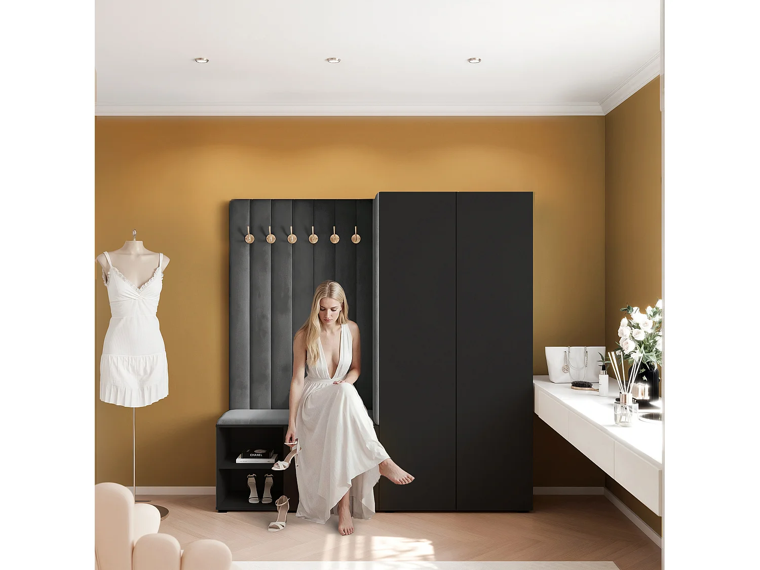 Vestiaire Aria 190 cm Noir Rembourré Graphite Soft-Close Push-to-Open