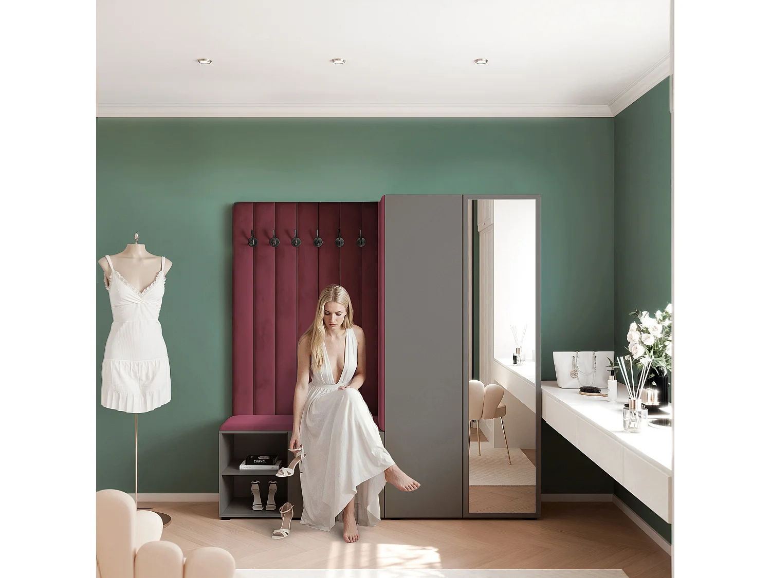 Vestiaire Aria 190 cm Gris Rembourré Bordeaux Soft-Close Push-to-Open