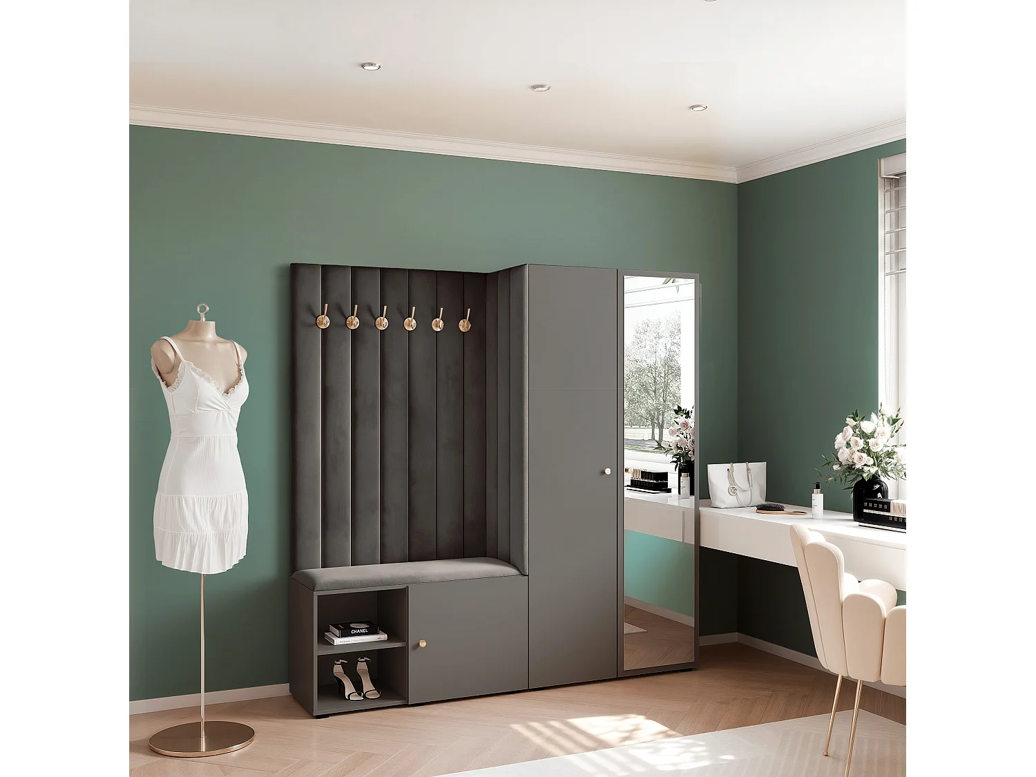 Vestiaire Aria 190 cm Gris Rembourré Anthracite Soft-Close Poignées Doré