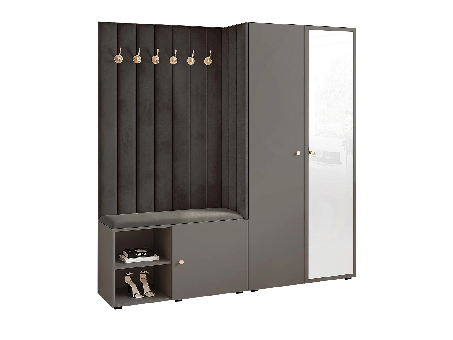 Vestiaire Aria 190 cm Gris Rembourré Anthracite Soft-Close Poignées Doré