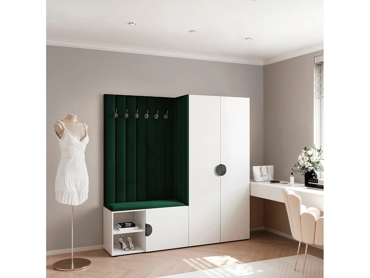 Vestiaire Aria 190 cm Blanc Rembourré Vert Foncé Soft-Close Poignées Noir