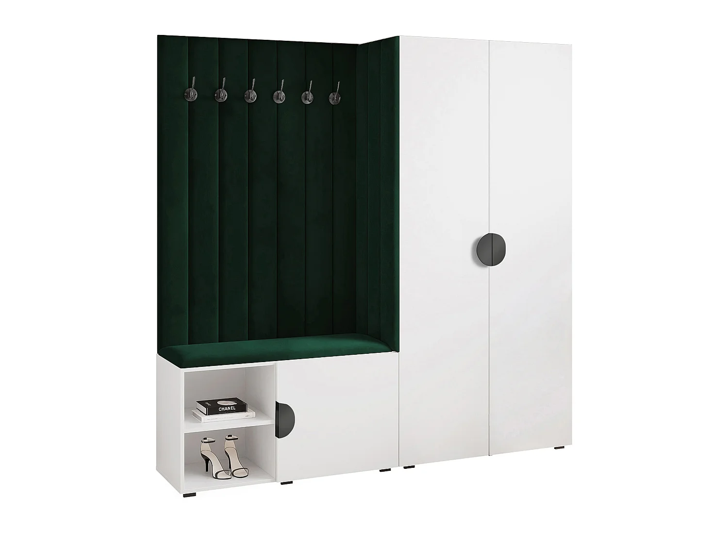 Vestiaire Aria 190 cm Blanc Rembourré Vert Foncé Soft-Close Poignées Noir