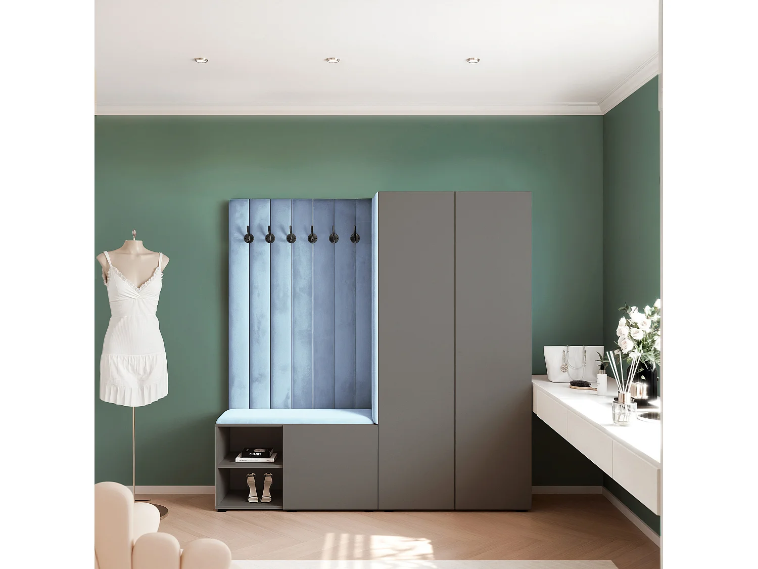 Vestiaire Aria 190 cm Gris Rembourré Bleu Clair Soft-Close Push-to-Open