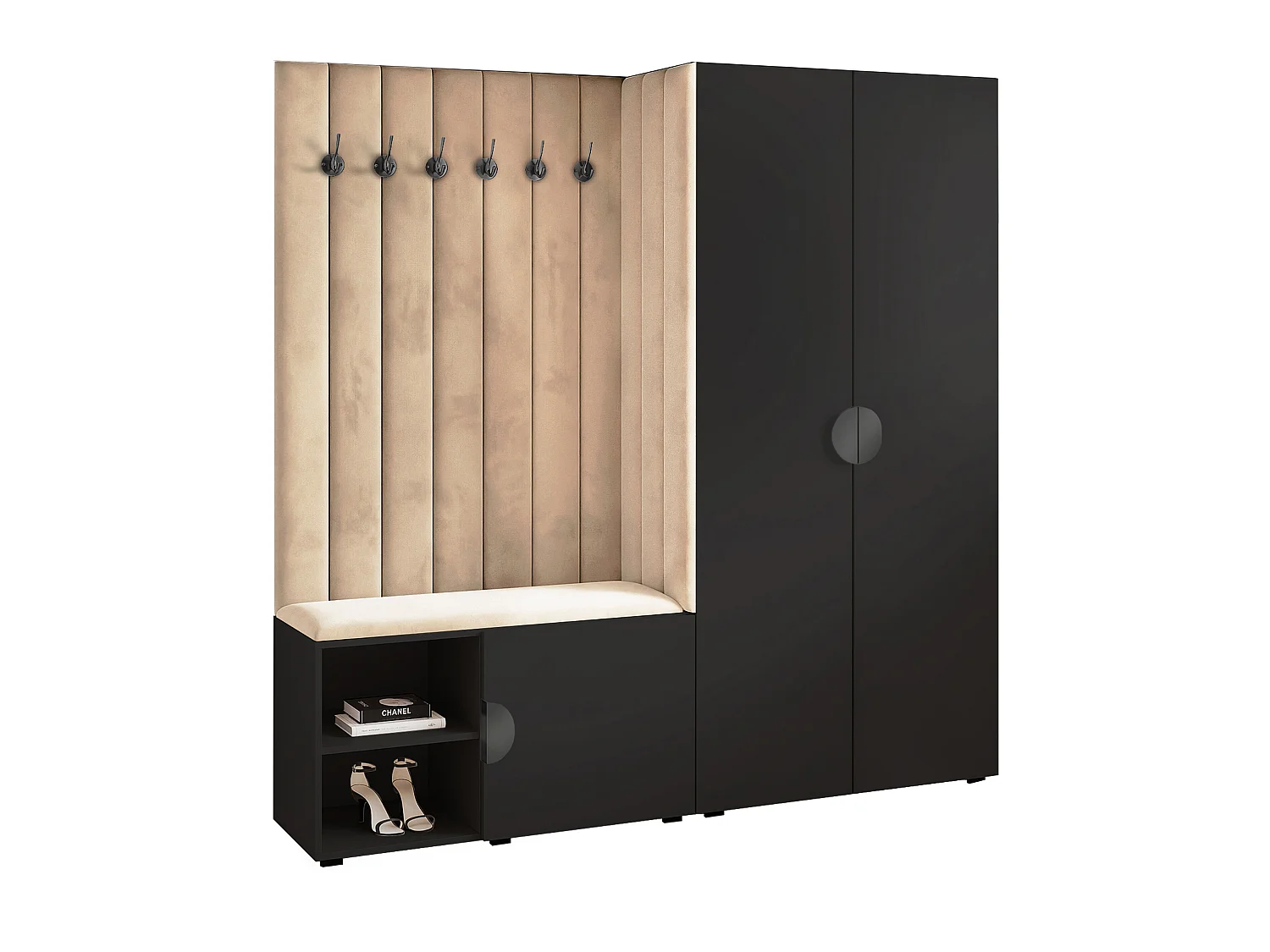 Garderobe Aria 190 cm Schwarz Gepolstert Beige Soft-Close Griffe Schwarz