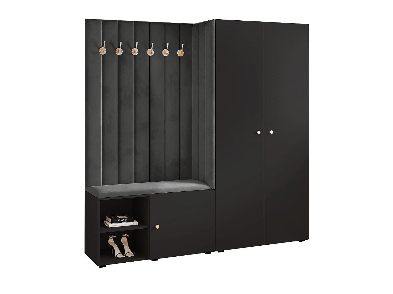 Garderobe Aria 190 cm Schwarz Gepolstert Graphit Soft-Close Griffe Gold