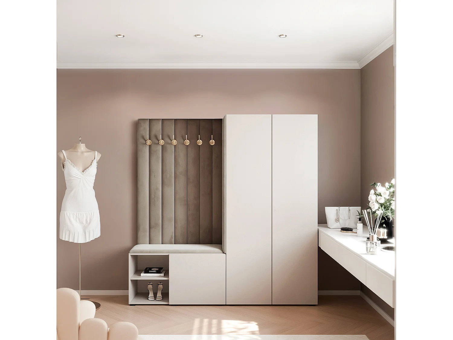 Vestiaire Aria 190 cm Cachemire Rembourré Taupe Soft-Close Push-to-Open