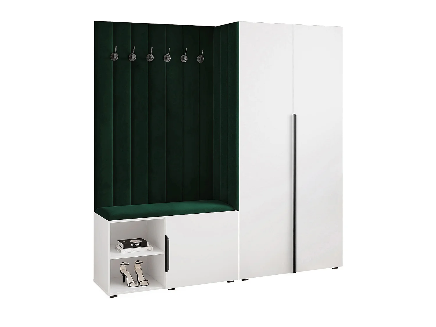 Vestiaire Aria 190 cm Blanc Rembourré Vert Foncé Soft-Close Poignées Noir