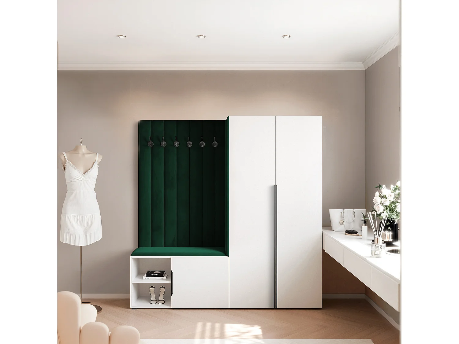 Vestiaire Aria 190 cm Blanc Rembourré Vert Foncé Soft-Close Poignées Noir