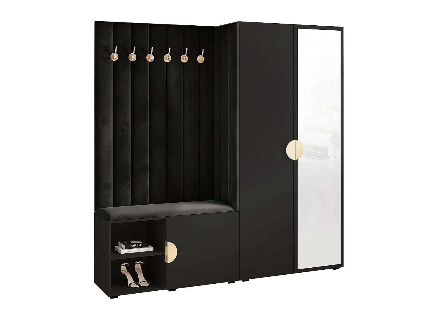 Garderobe Aria 190 cm Schwarz Gepolstert Schwarz Soft-Close Griffe Gold