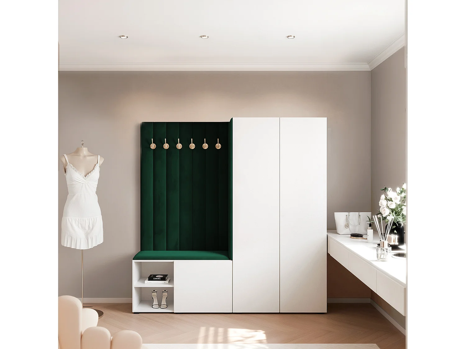 Vestiaire Aria 190 cm Blanc Rembourré Vert Foncé Soft-Close Push-to-Open