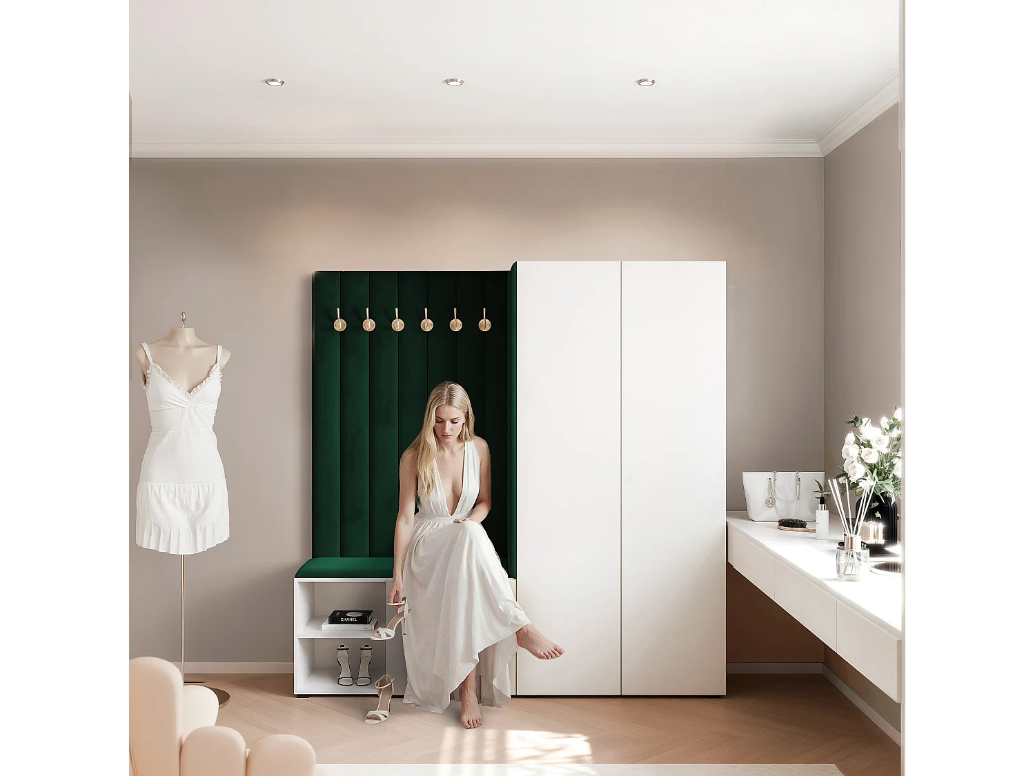Vestiaire Aria 190 cm Blanc Rembourré Vert Foncé Soft-Close Push-to-Open