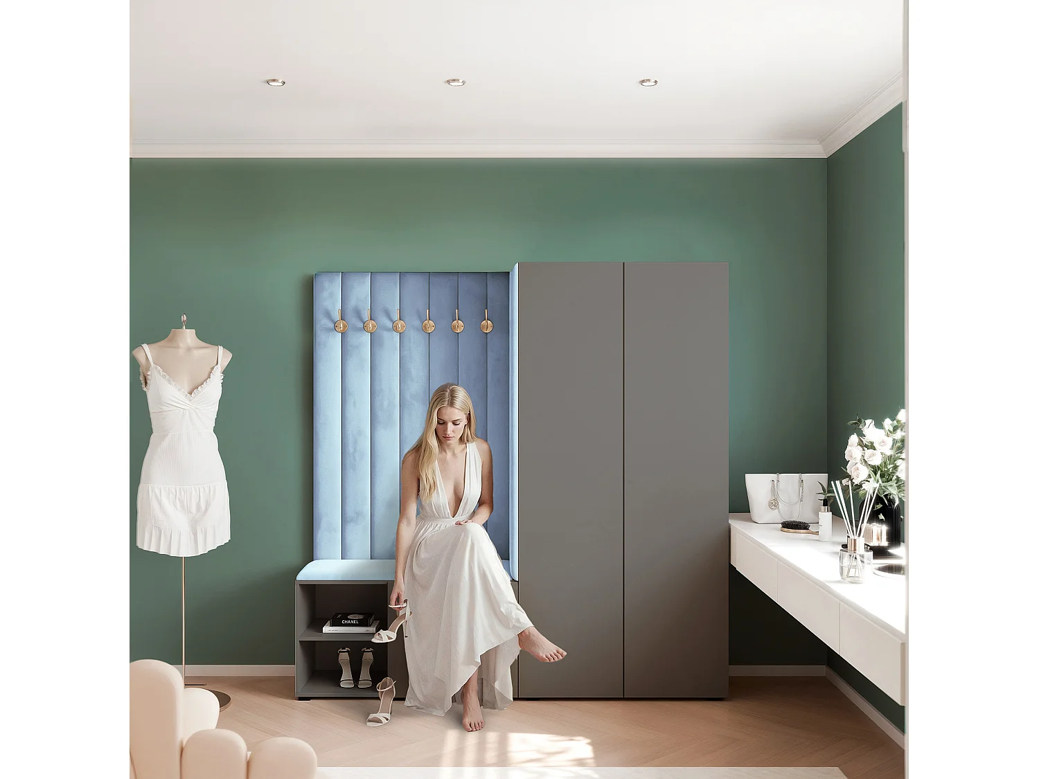 Vestiaire Aria 190 cm Gris Rembourré Bleu Clair Soft-Close Push-to-Open