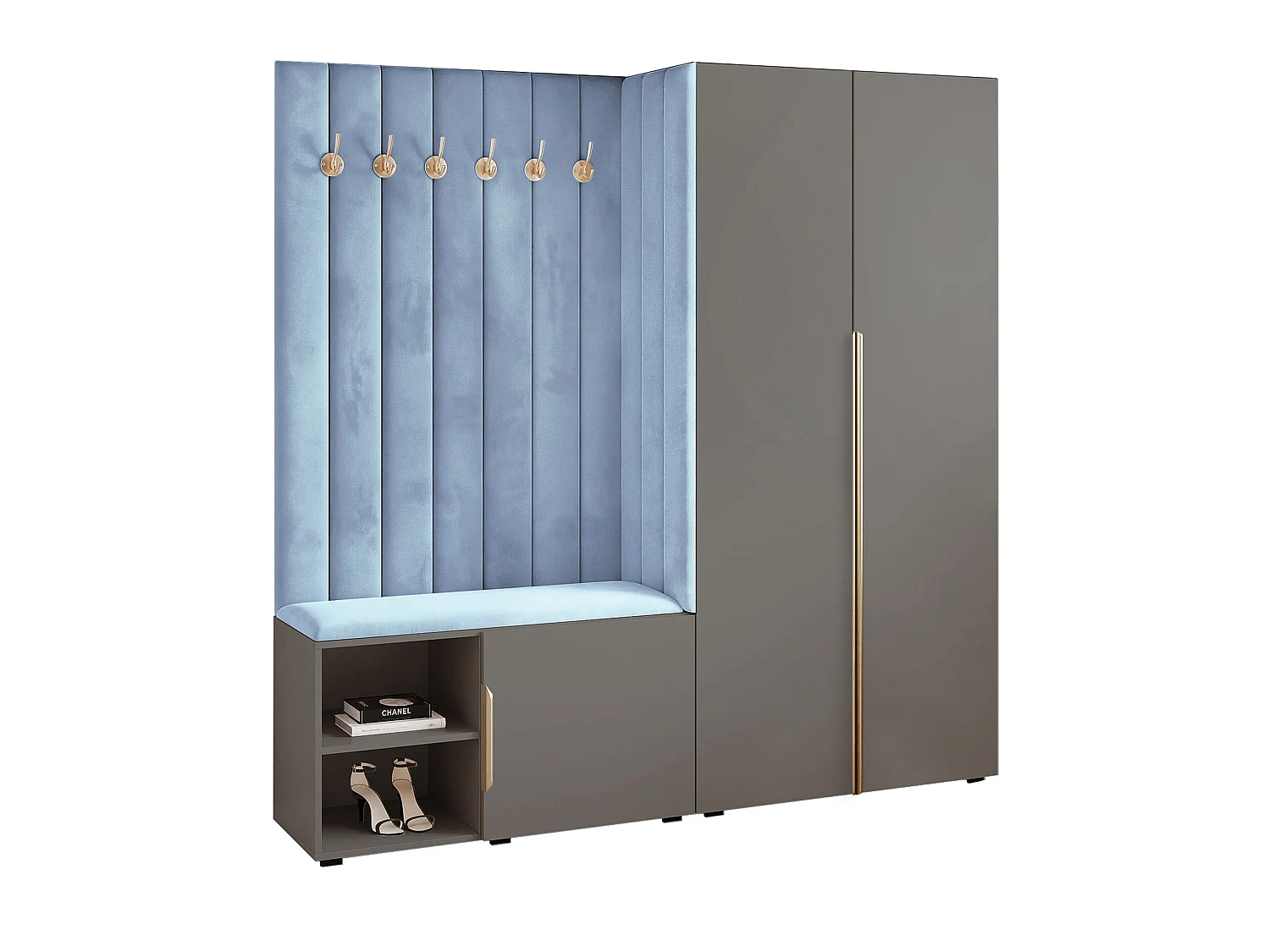 Garderobe Aria 190 cm Grau Gepolstert Hellblau Soft-Close Griffe Gold