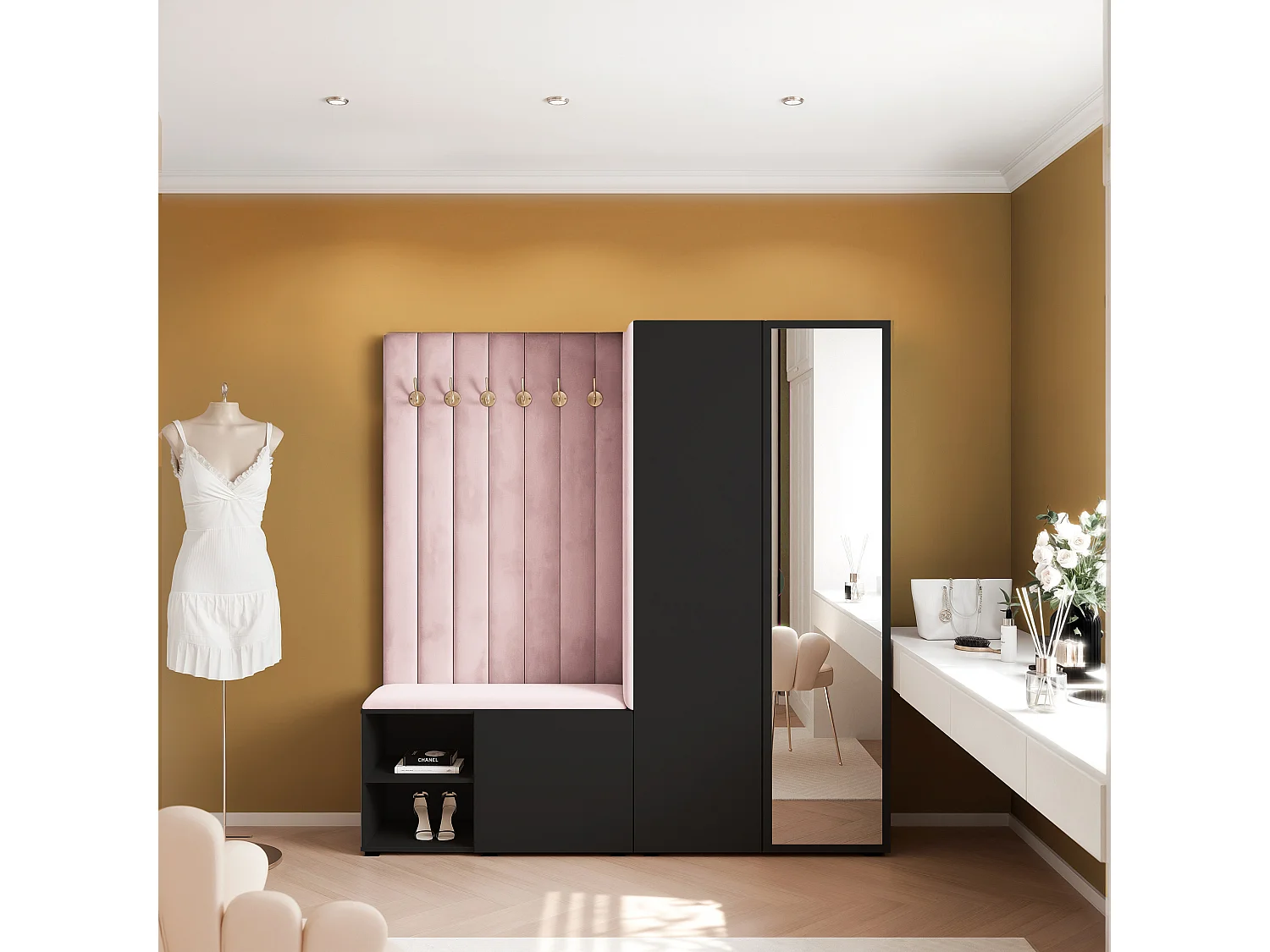 Vestiaire Aria 190 cm Noir Rembourré Rose Soft-Close Push-to-Open