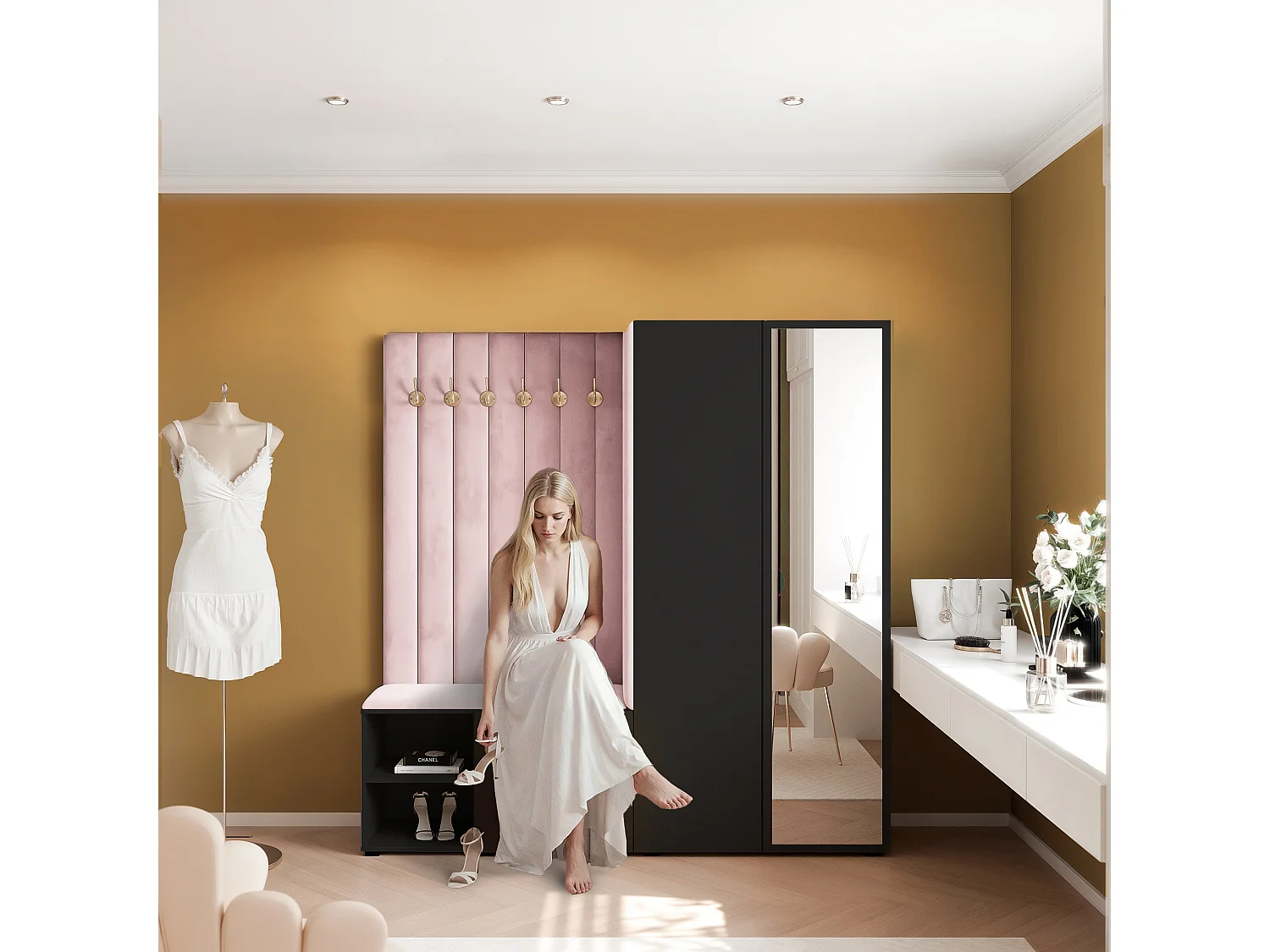 Vestiaire Aria 190 cm Noir Rembourré Rose Soft-Close Push-to-Open