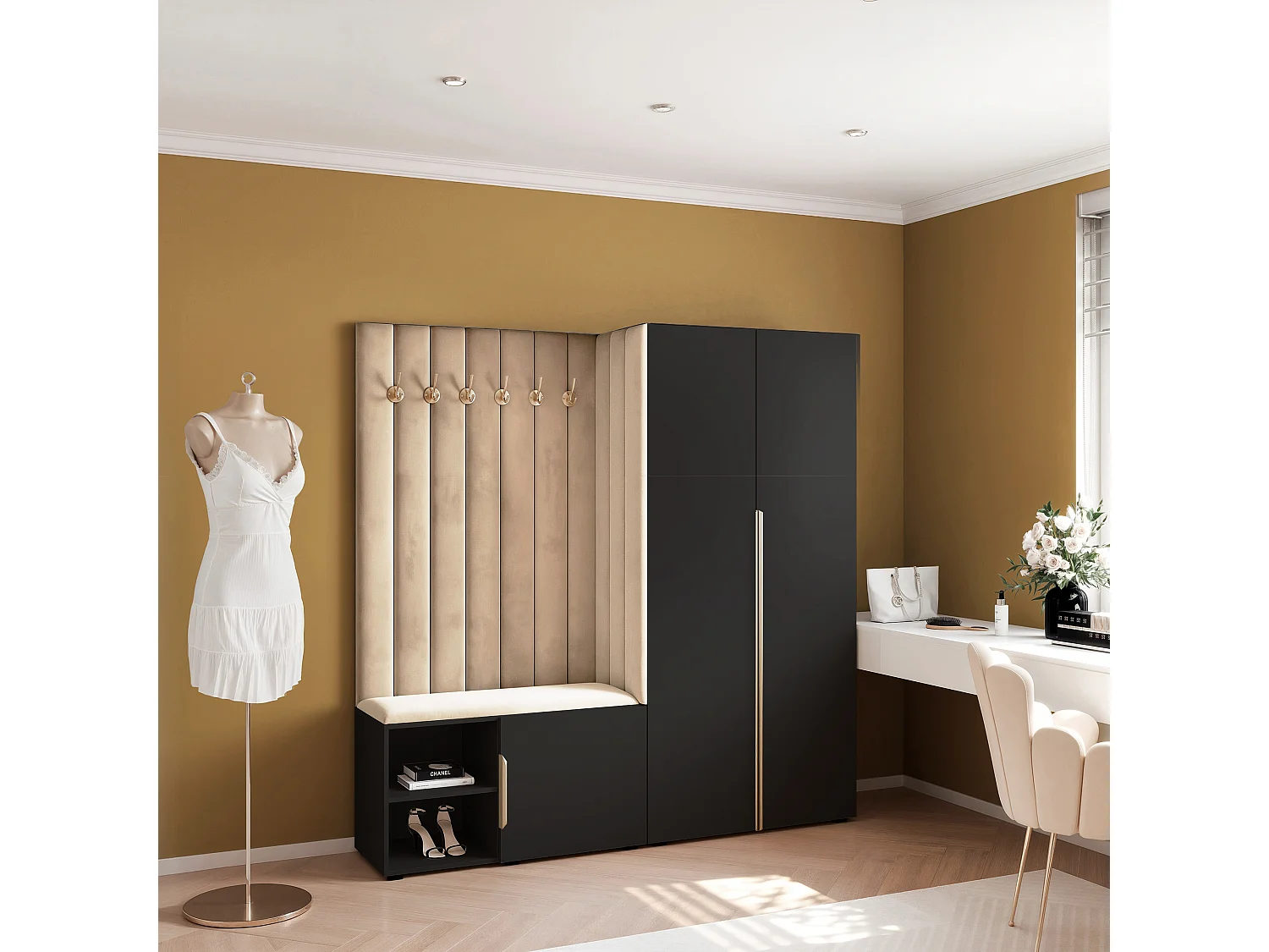Garderobe Aria 190 cm Schwarz Gepolstert Beige Soft-Close Griffe Gold