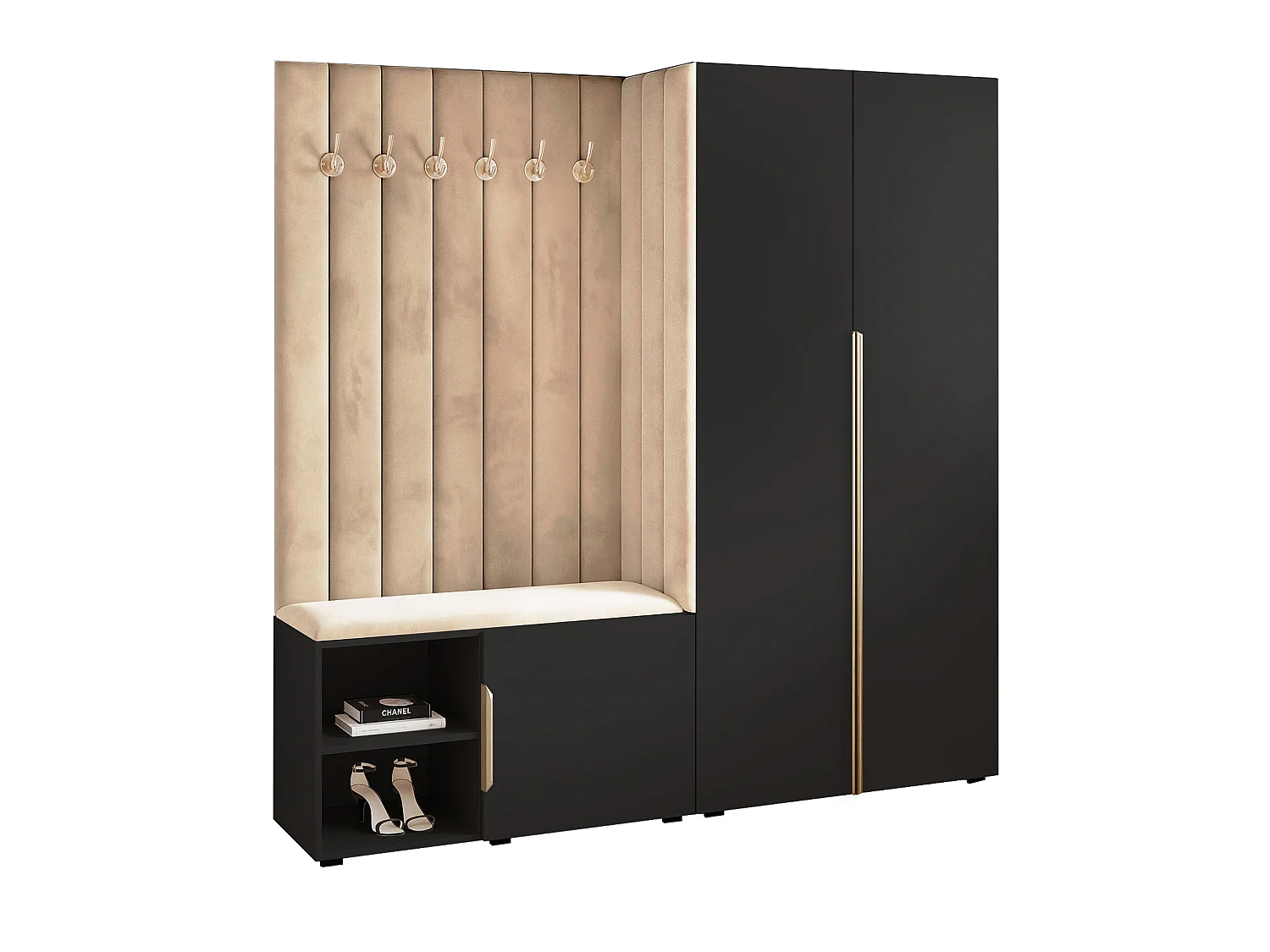 Garderobe Aria 190 cm Schwarz Gepolstert Beige Soft-Close Griffe Gold
