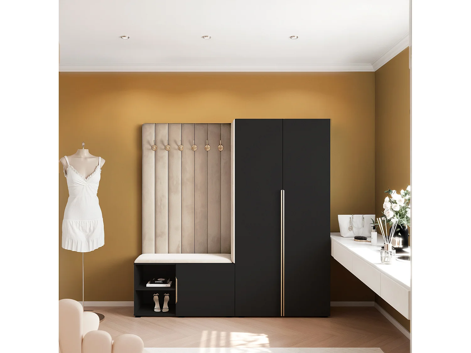 Garderobe Aria 190 cm Schwarz Gepolstert Beige Soft-Close Griffe Gold