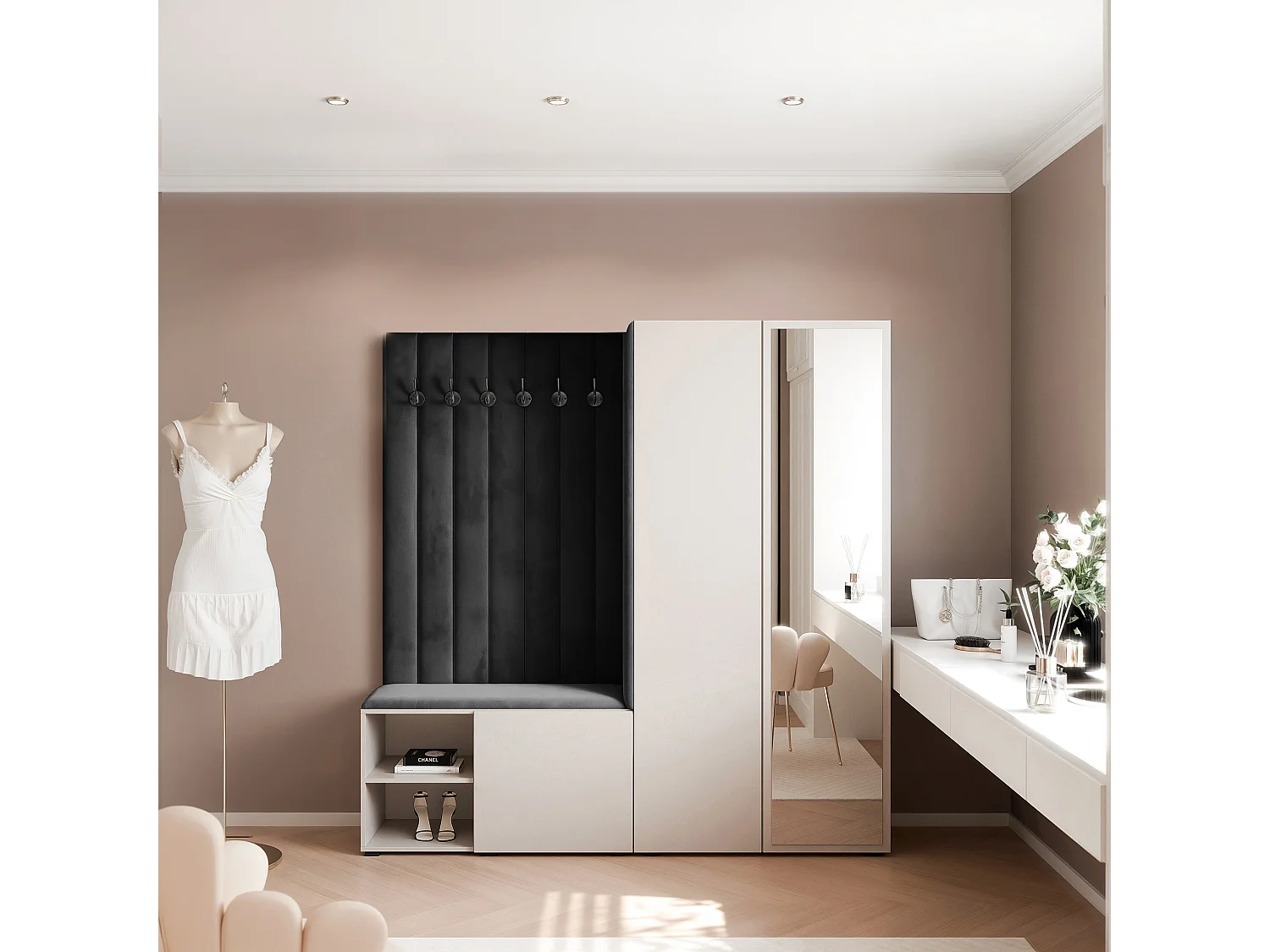 Garderobe Aria 190 cm Kaschmir Gepolstert Schwarz Soft-Close Push-to-Open