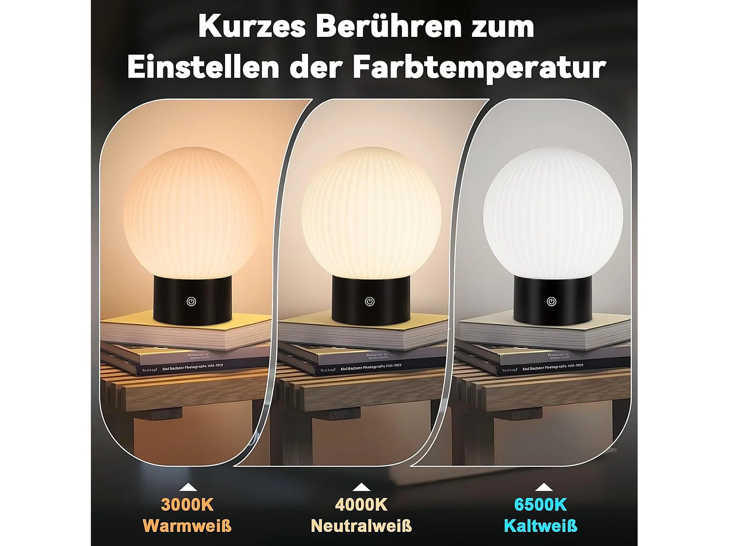 ZMH Lampe de chevet LED blanc rechargeable sans fil lampe de table intensité variable ronde tactile pour chambre