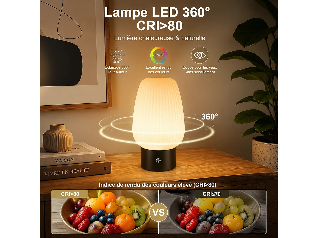 ZMH Lampe de chevet LED blanc rechargeable sans fil lampe de table intensité variable tactile pour chambre
