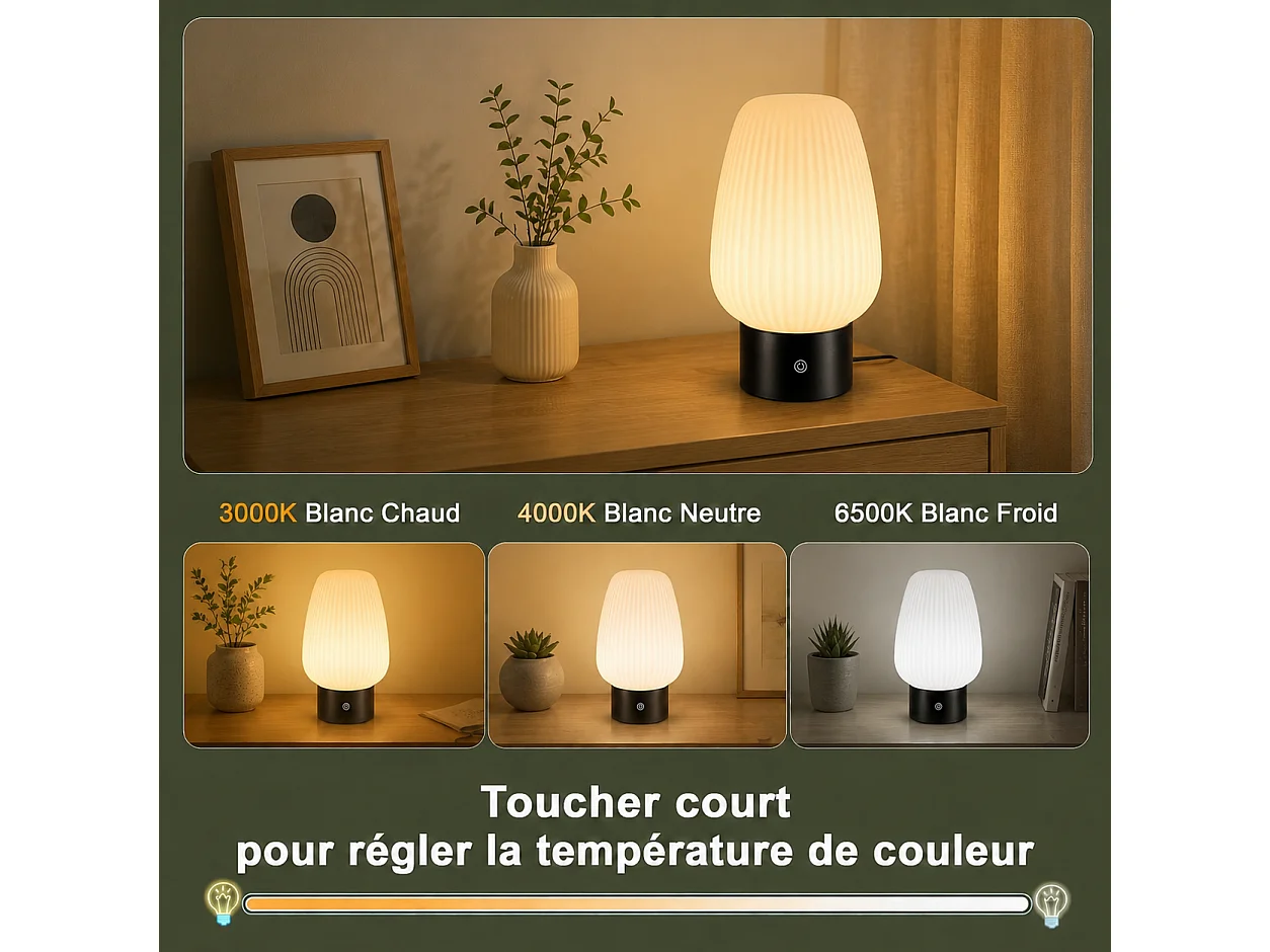ZMH Lampe de chevet LED blanc rechargeable sans fil lampe de table intensité variable tactile pour chambre