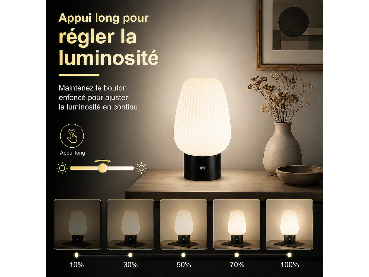 ZMH Lampe de chevet LED blanc rechargeable sans fil lampe de table intensité variable tactile pour chambre
