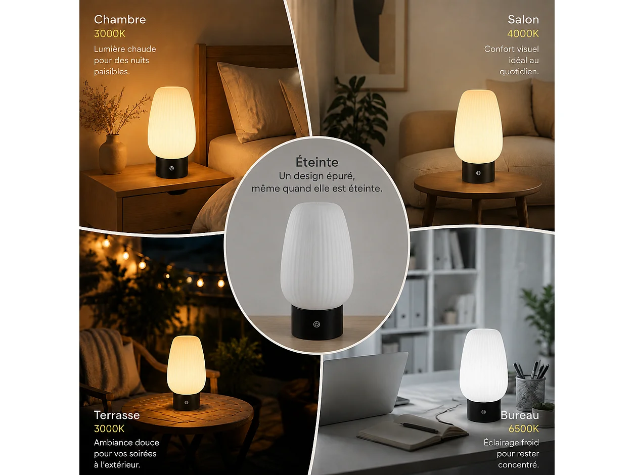 ZMH Lampe de chevet LED blanc rechargeable sans fil lampe de table intensité variable tactile pour chambre