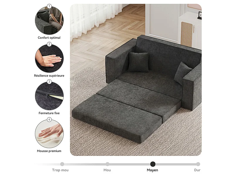 Canapé Lit 2 Places 3 En 1 – Pliable, Compact Pour Salon Et Chambre, Gris