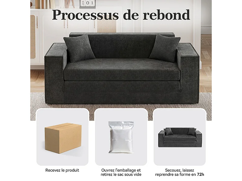 Canapé Lit 2 Places 3 En 1 – Pliable, Compact Pour Salon Et Chambre, Gris