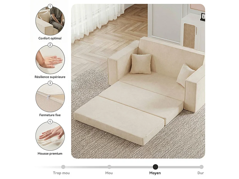Canapé Lit 2 Places 3 En 1 – Pliable, Compact Pour Salon Et Chambre, Blanc