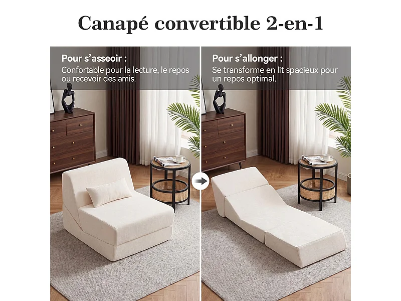 Canapé Lit 1 Place 3 En 1 – Blanc, Haute Densité, Pour Petit Espace
