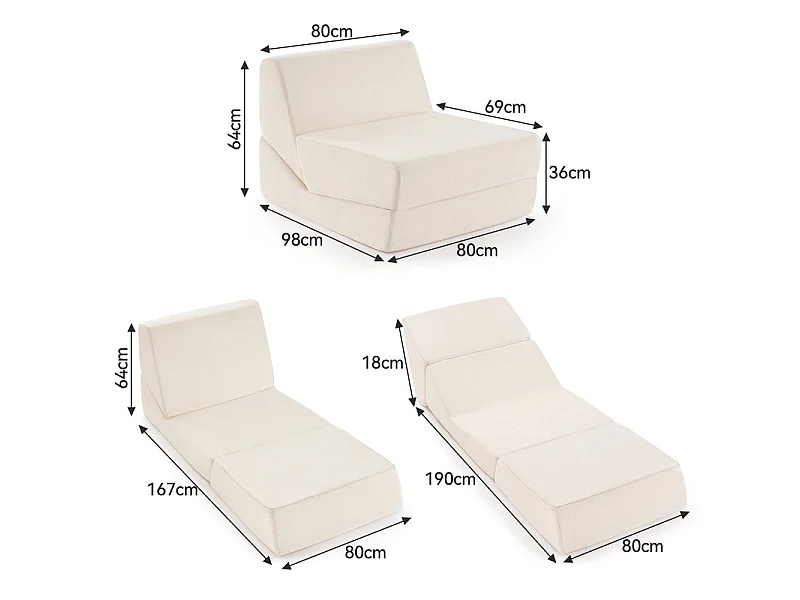 Canapé Lit 1 Place 3 En 1 – Blanc, Haute Densité, Pour Petit Espace