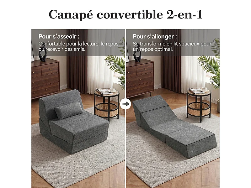 Canapé Lit 1 Place 3 En 1 – Gris, Haute Densité, Pour Petit Espace